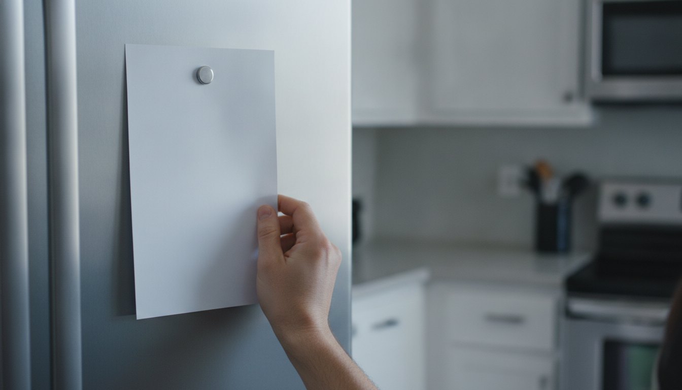 Mão segurando uma folha de papel presa na porta fechada de uma geladeira metálica.