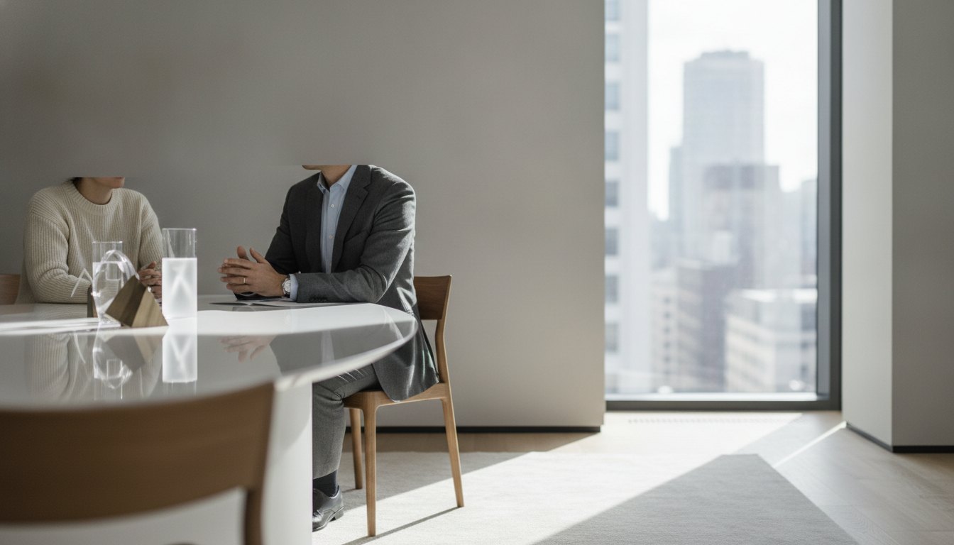Duas pessoas sentadas em uma sala de reunião conversando com expressões faciais calmas e atentas.