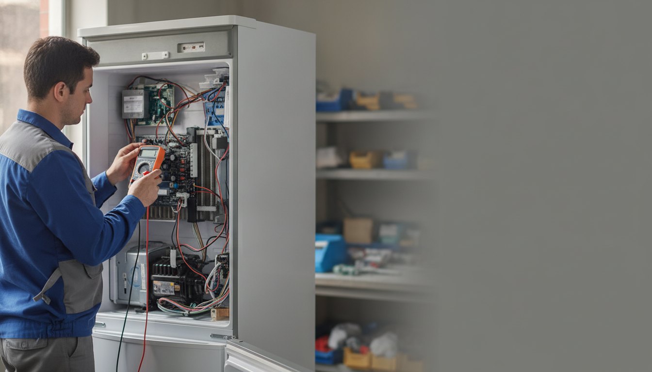 Técnico uniformizado analisa o painel traseiro de um refrigerador com um multímetro digital em mãos.