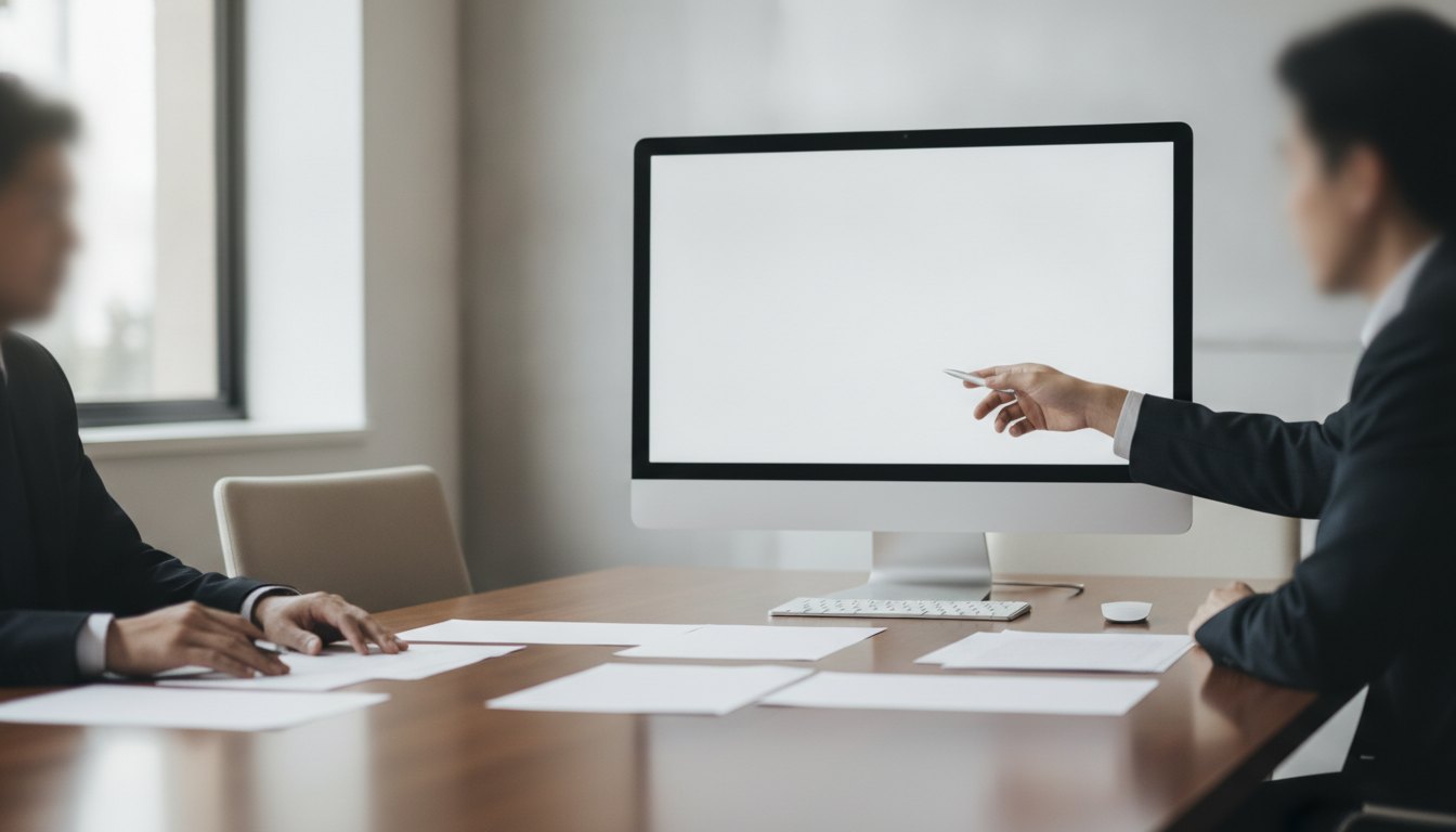 Duas pessoas sentadas à mesa de reunião analisando papéis e apontando para um monitor