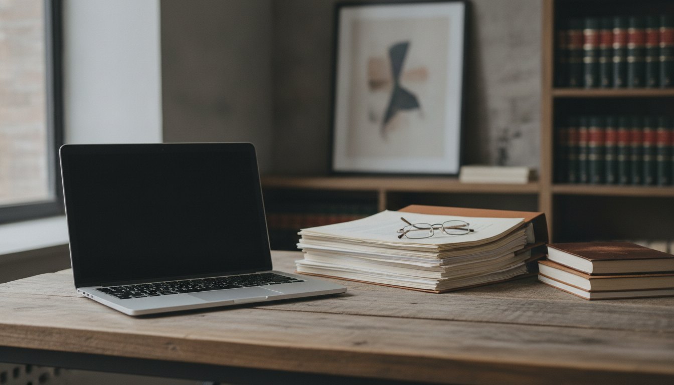 Pessoa digitando em um notebook sobre uma mesa de madeira com documentos ao lado.