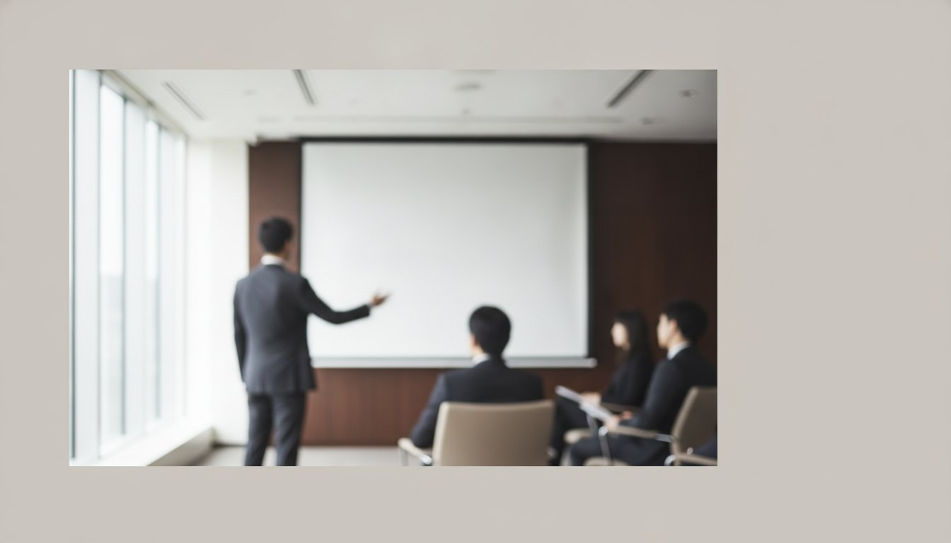 Profissional em pé apontando para uma tela de projeção enquanto explica o projeto para clientes sentados.