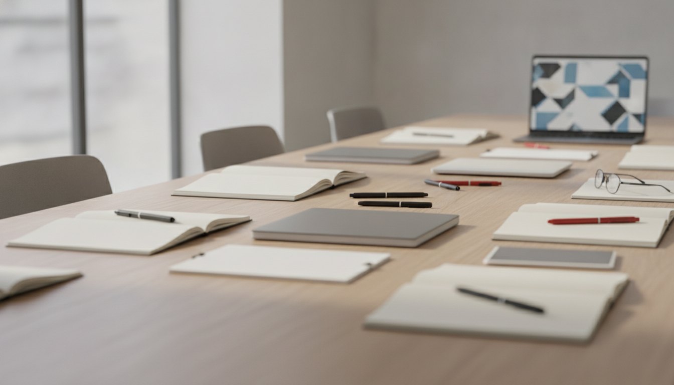 Pessoas trabalhando juntas em torno de uma mesa com cadernos, canetas e notebooks abertos.