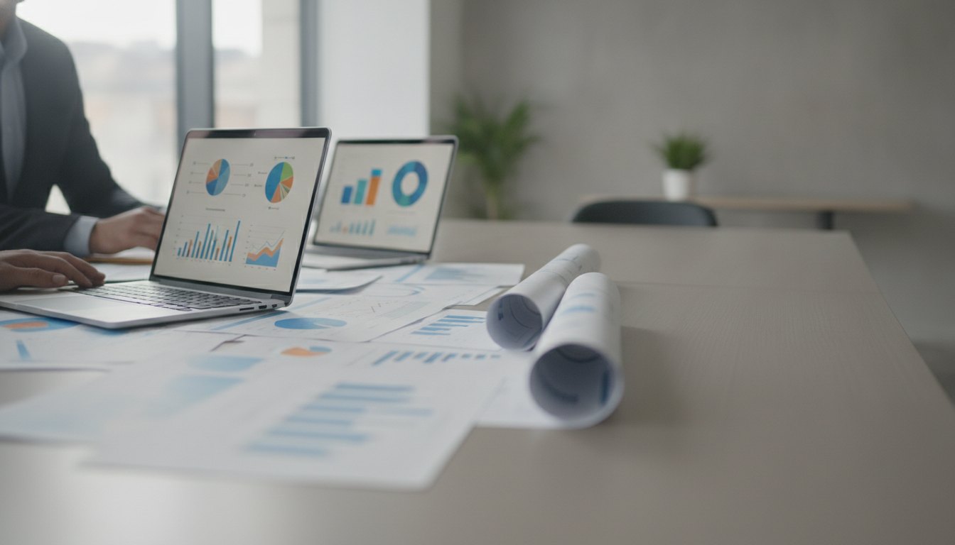 Profissionais reunidos em uma mesa de escritório analisando gráficos impressos e telas de notebooks.