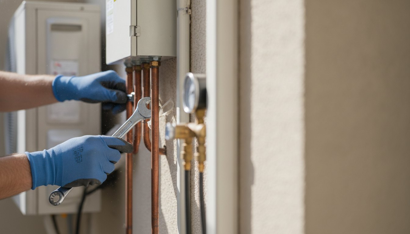 Técnico com luvas inspeciona as tubulações de cobre de um aparelho de ar-condicionado residencial.