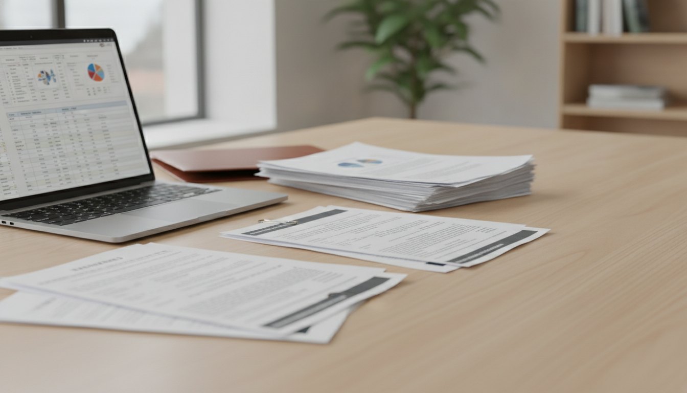 Documentos impressos sobre uma mesa ao lado de um notebook exibindo planilhas financeiras abertas.