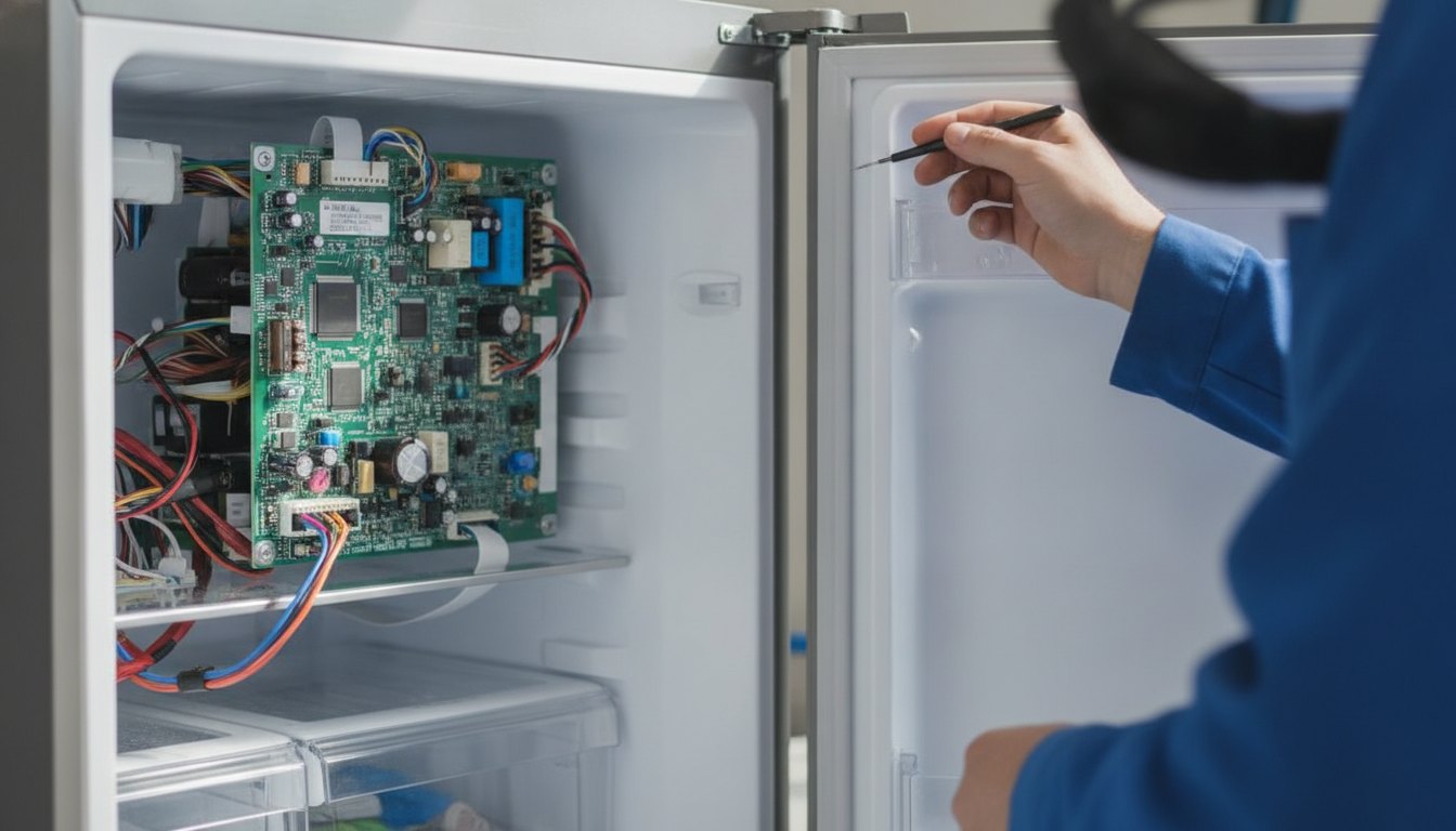 Técnico de uniforme azul inspecionando a placa eletrônica traseira de uma geladeira aberta.