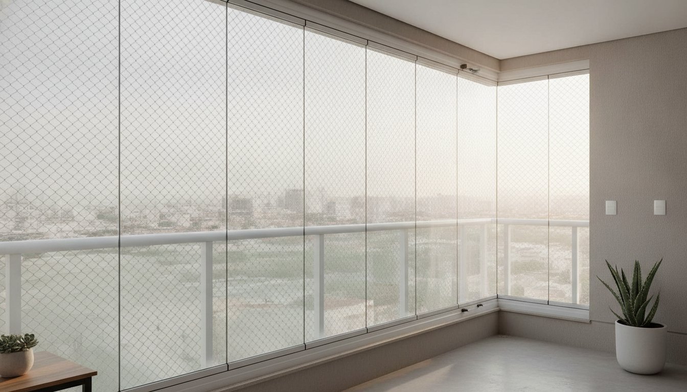 Varanda de apartamento com sistema de envidraçamento articulado e tela de segurança instalada no vão.