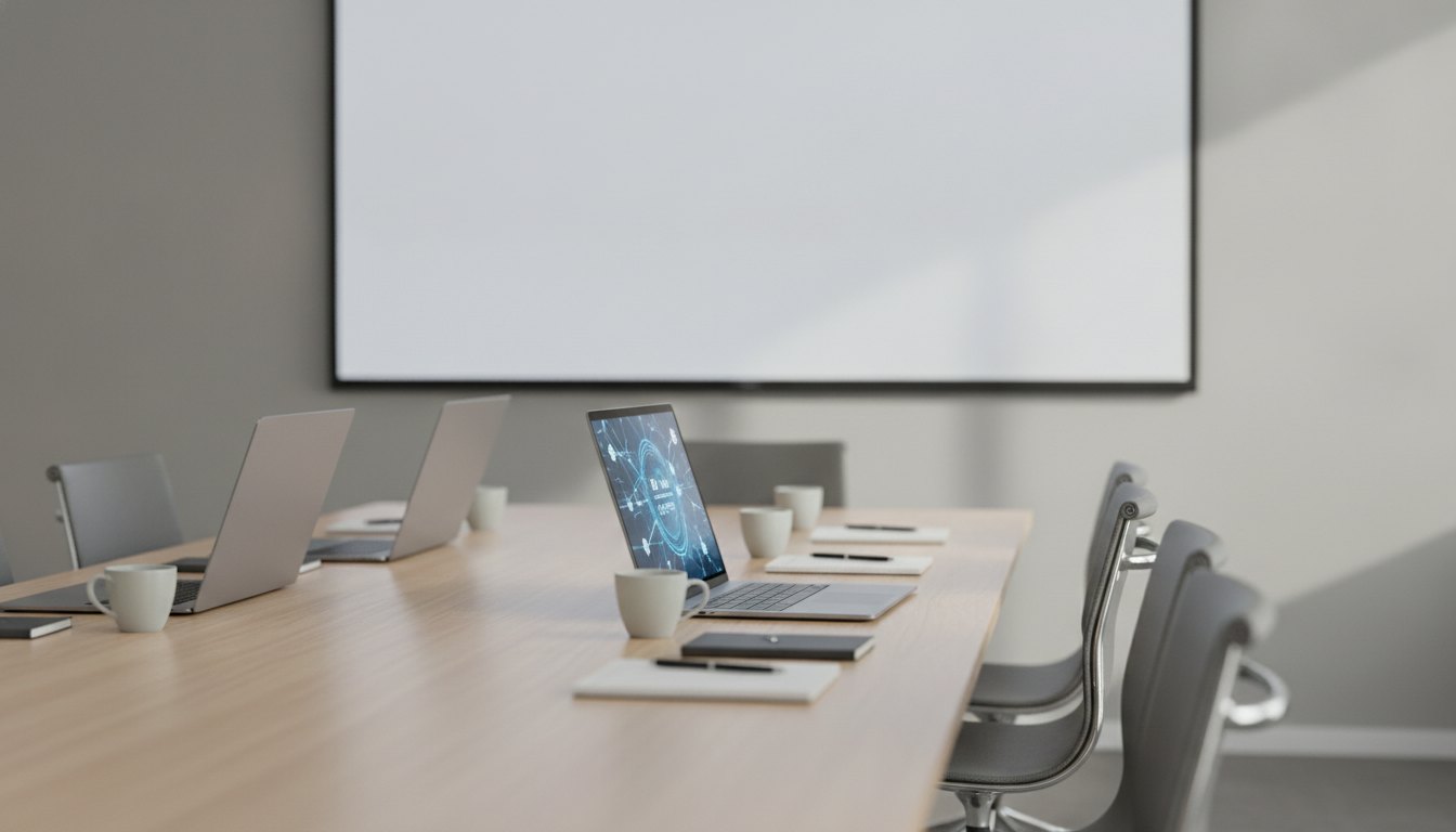 Profissionais sentados ao redor de uma mesa de reunião olhando para a tela de um notebook.