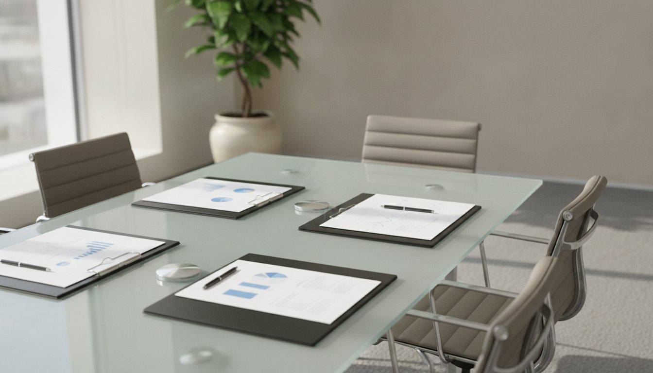 Profissionais reunidos em uma sala de conferência discutindo documentos corporativos sobre uma mesa de vidro.