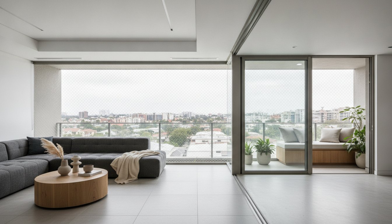 Sala de apartamento integrada à varanda com forro rebaixado liso e tela de proteção na janela