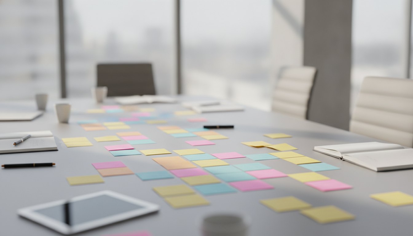 Pessoas reunidas em volta de uma mesa de escritório discutindo projetos com post-its coloridos.