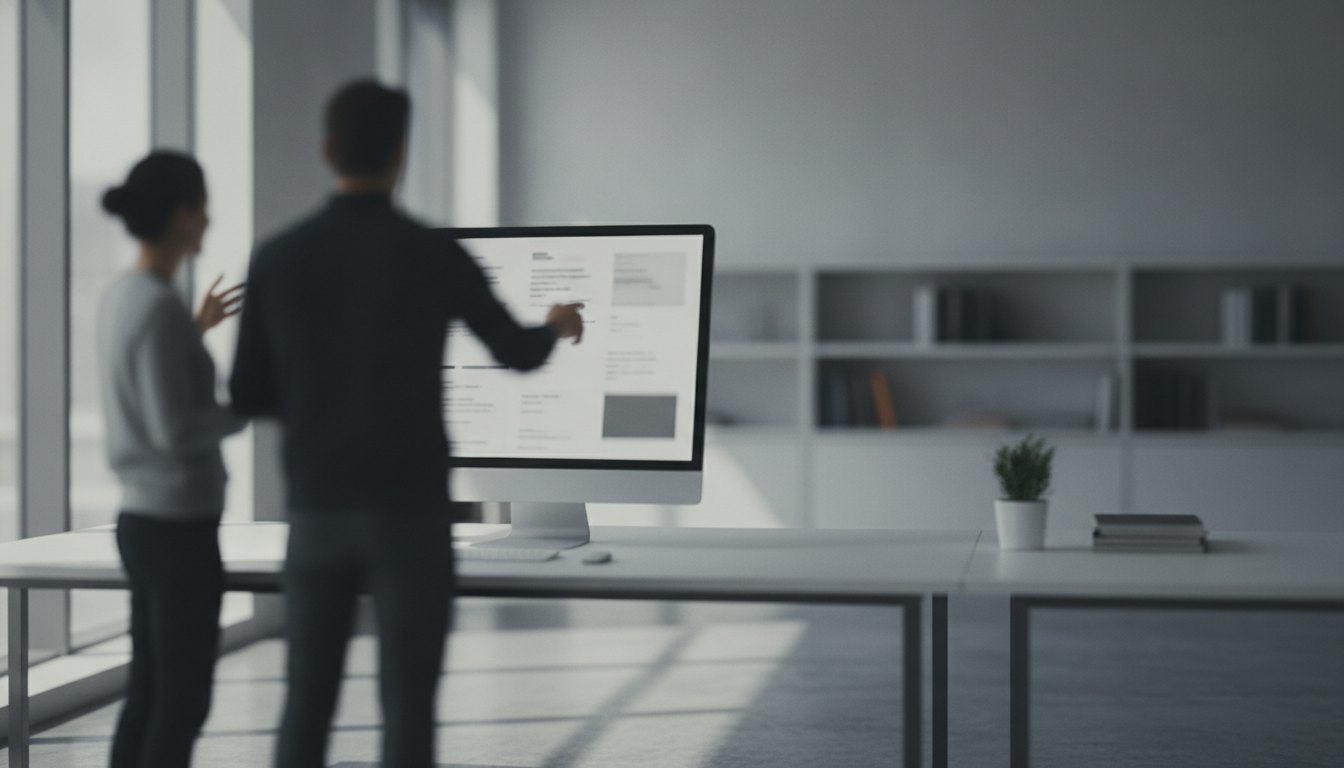 Duas pessoas conversam apontando para um monitor exibindo blocos de texto em um escritório iluminado.