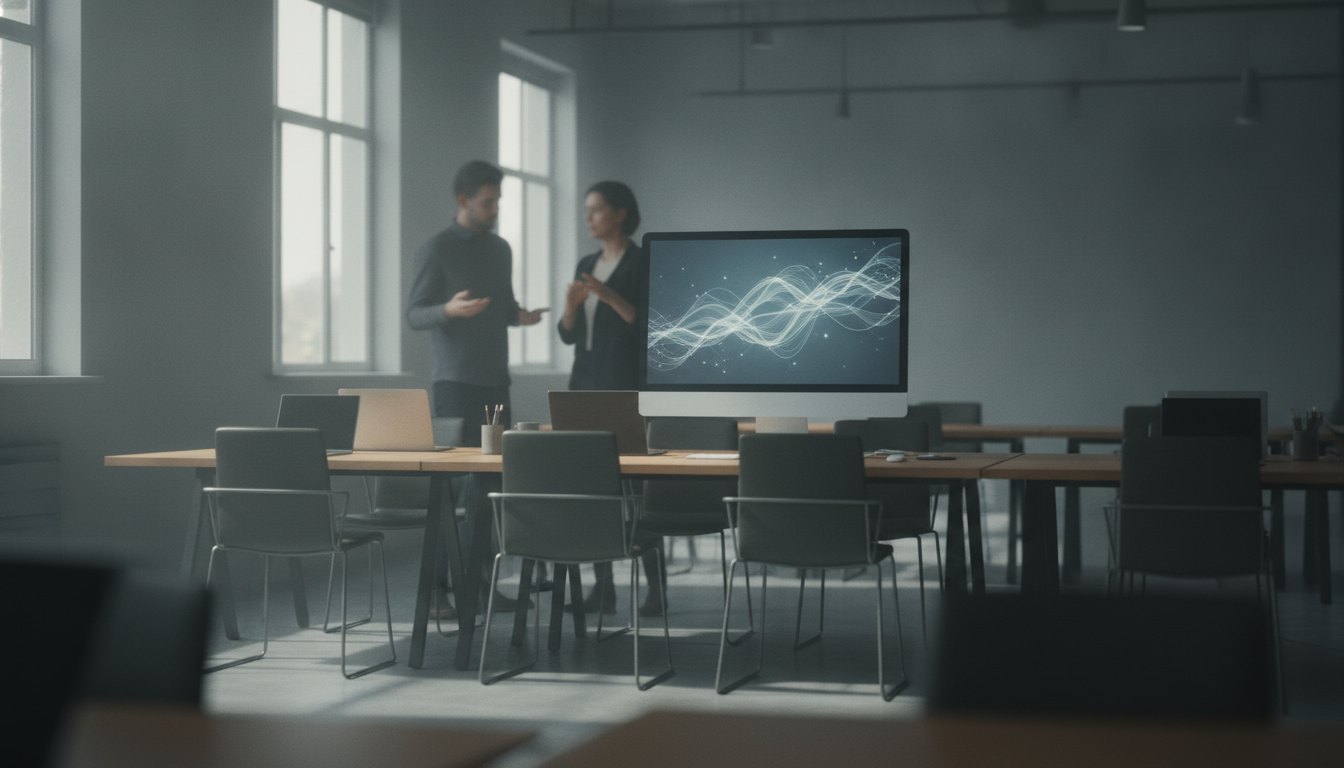 Duas pessoas conversam apontando para um monitor em um escritório iluminado com mesas compartilhadas.