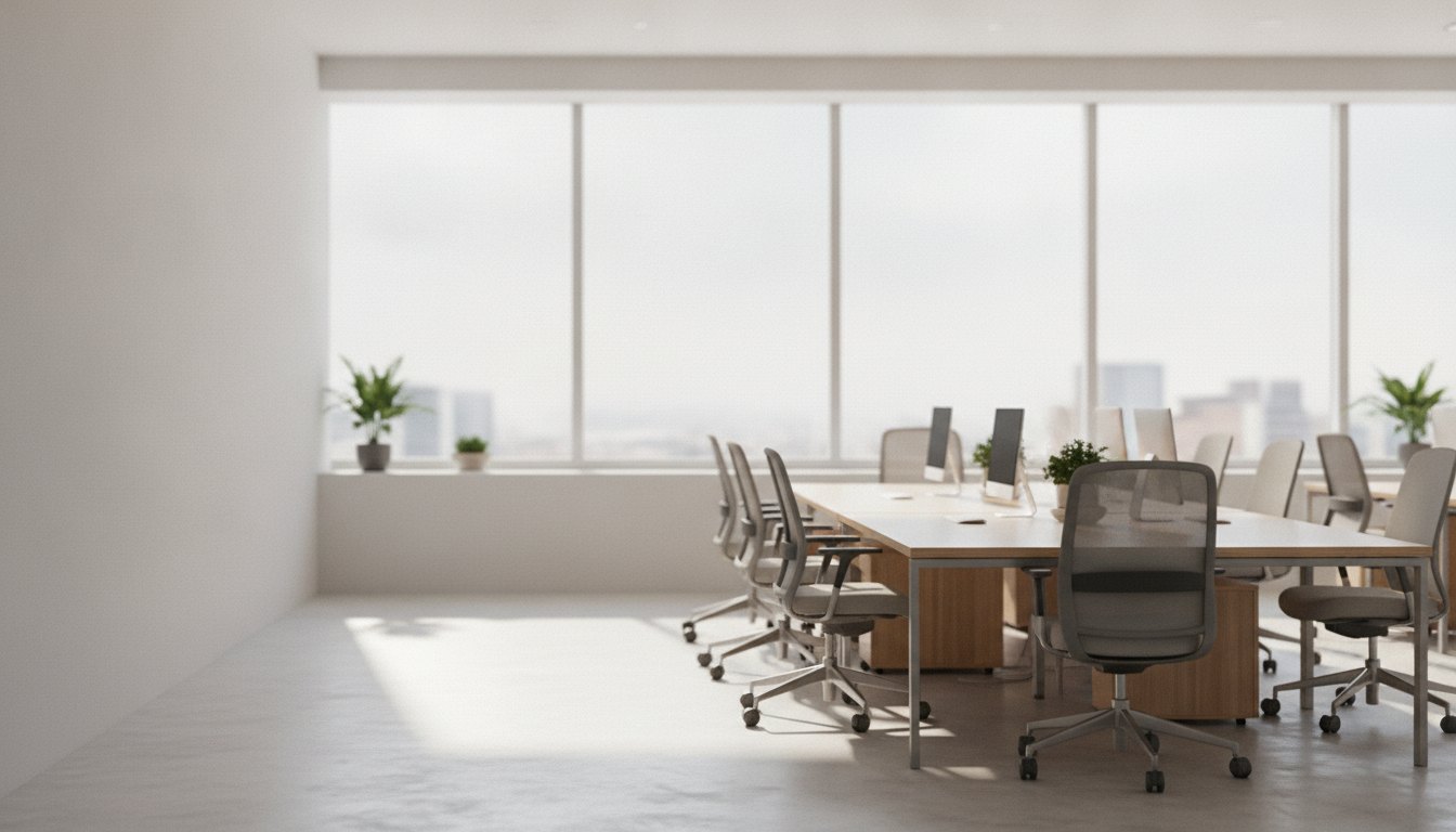 Escritório corporativo com mesas de madeira, cadeiras ergonômicas e grandes janelas iluminadas por luz natural.