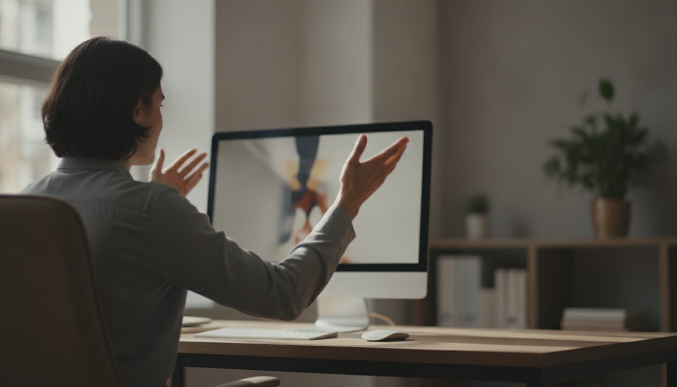profissional de atendimento sentado diante de um computador enquanto gesticula com as mãos em uma videochamada
