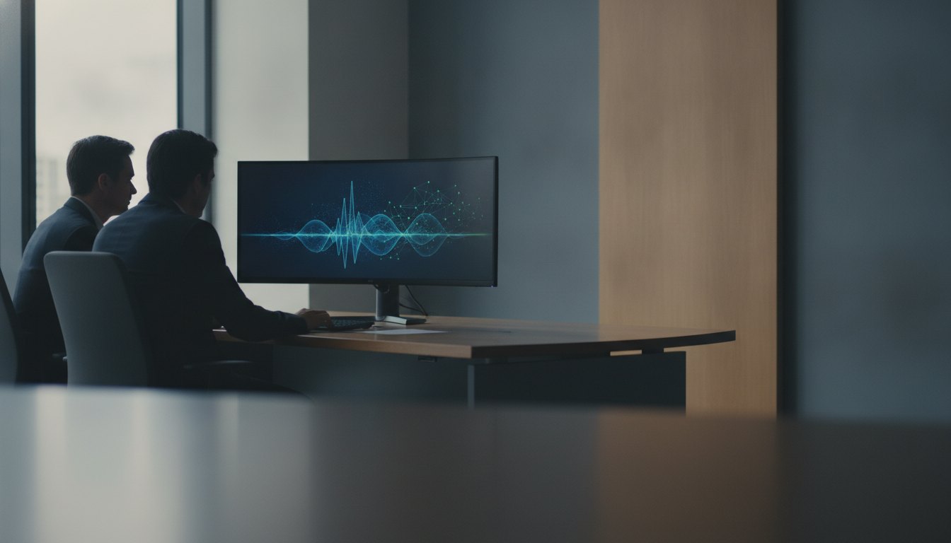 Duas pessoas sentadas lado a lado observando a tela de um monitor em um escritório.