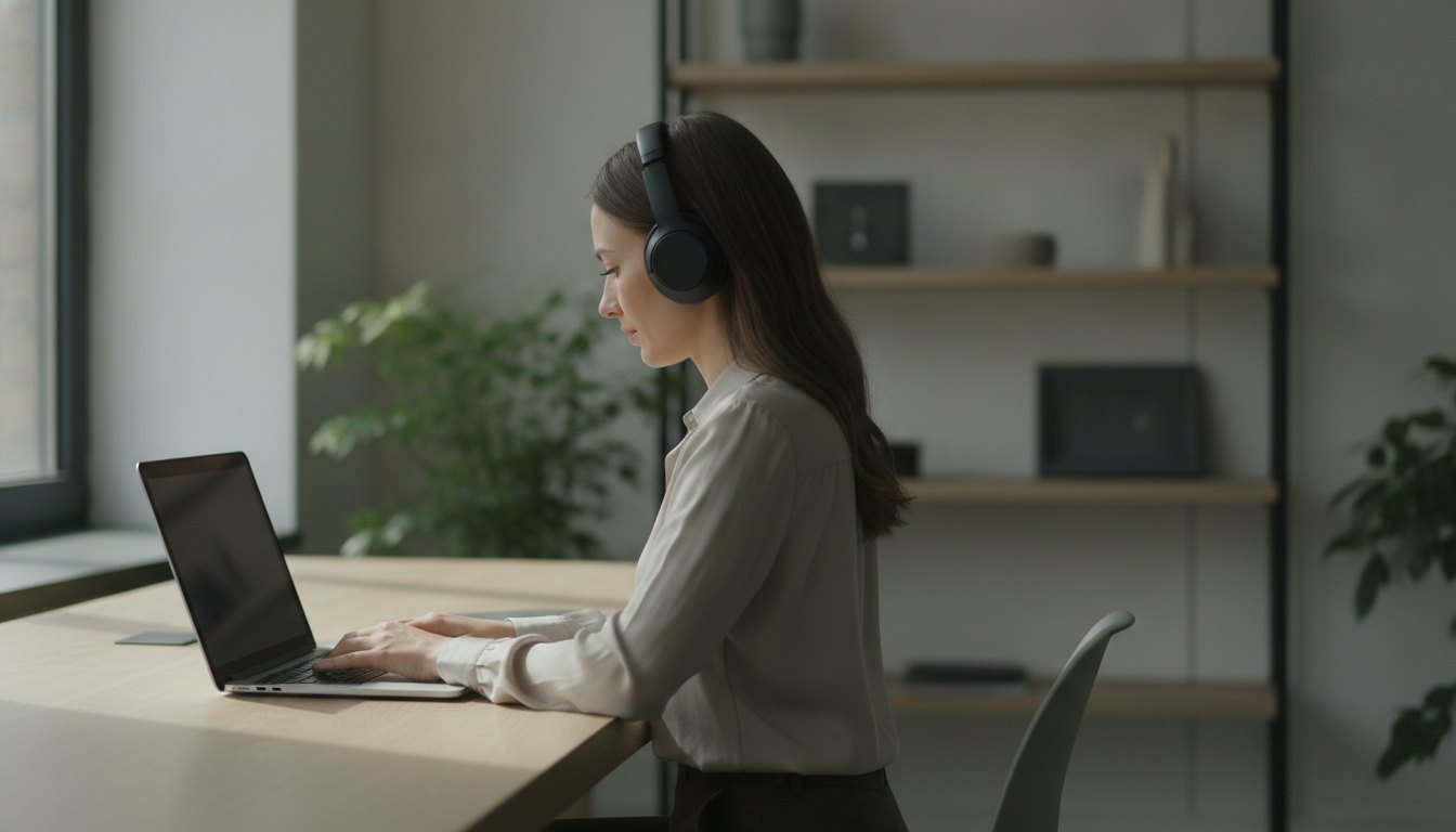 Mulher usando fones de ouvido enquanto digita em um notebook em mesa de escritório.