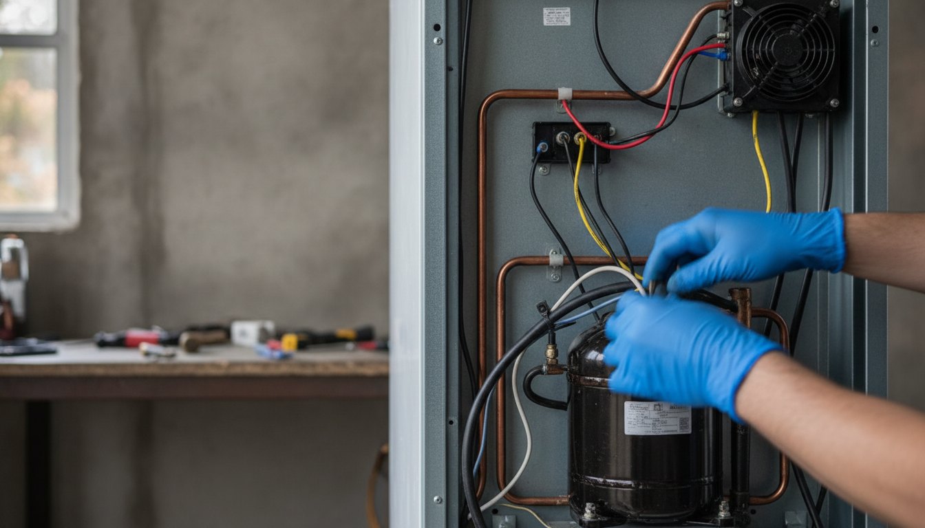 Profissional com luvas verificando o painel traseiro e as conexões de um refrigerador doméstico.