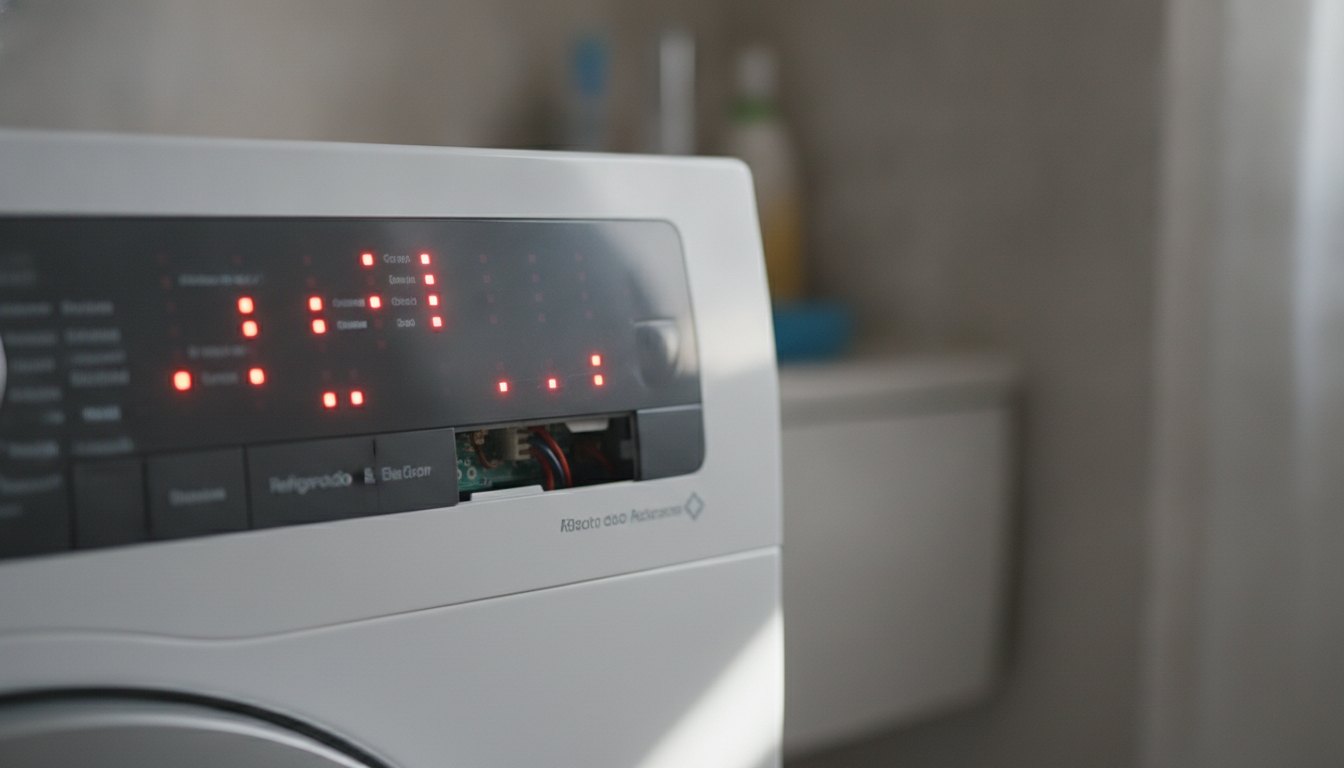 Painel frontal de máquina de lavar com luzes de erro acesas e painel semiaberto